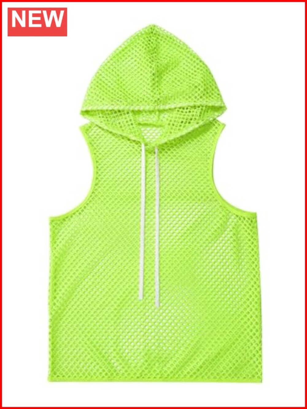 Men Mesh Fishnet Sleeveless Hoodie Tank Top Drawstring Rave Clubwear